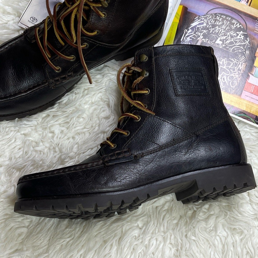 Polo Ralph Lauren Men's Rouland Ankle Bootie Dark Brown Leather Lace-Up Boots